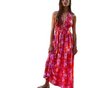 By Together Womens Halter Maxi Dress Orange Combo Floral Slit Front S New